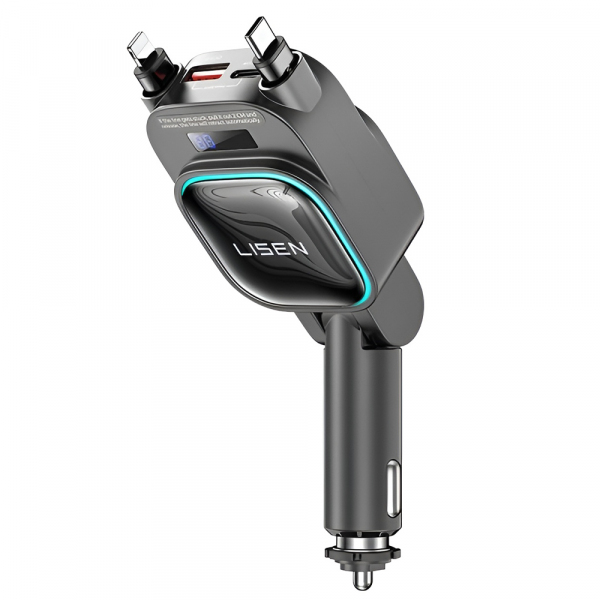 Incarcator Auto Cu Cablu USB-C / Lightning Lisen Display, 96W, 3A, 1 x USB-A - 1 x USB-C, Negru YL0224080017
