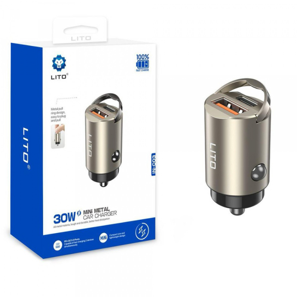 Incarcator Auto Lito IN-C03, 30W, 3A, 1 x USB-A - 1 x USB-C, Gri
