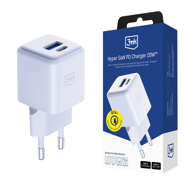 Incarcator Retea 3MK Hyper, 20W, 3A, 1 x USB-A - 1 x USB-C, Alb