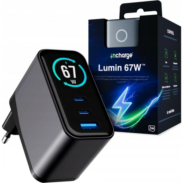 Incarcator Retea 3MK InCharge Lumin Display, 67W, 5A, 1 x USB-A - 2 x USB-C, Negru