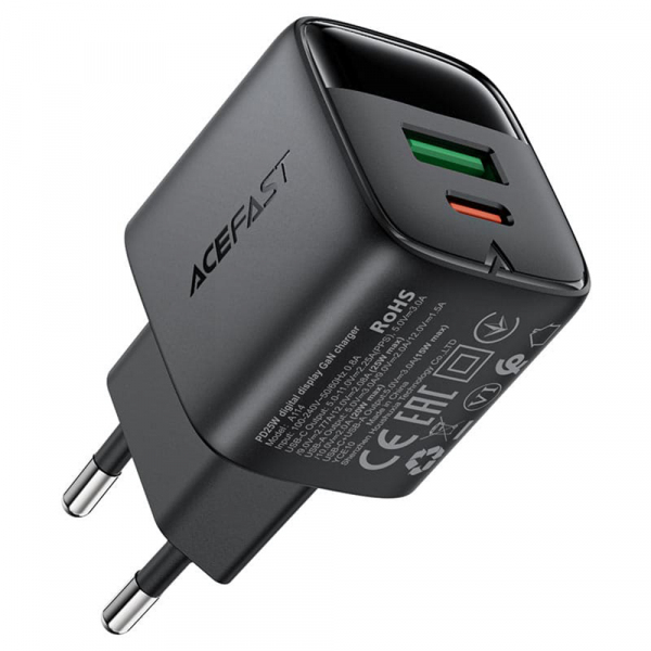Incarcator Retea Acefast A114 Display, 25W, 3A, 1 x USB-A - 1 x USB-C, Negru