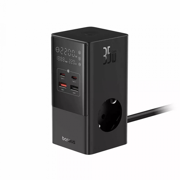 Prelungitor Baseus PowerCombo, 3 x Schuko - 2 x USB-A - 2 x USB-C, Negru E00023606113-00