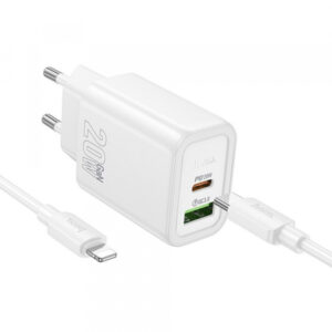Incarcator Retea Cu Cablu Lightning HOCO N61, 20W, 3A, 1 x USB-A - 1 x USB-C, Alb
