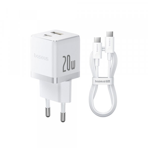 Incarcator Retea Cu Cablu USB-C Baseus Palm, 20W, 3A, 1 x USB-A - 1 x USB-C, Alb P10111608213-01