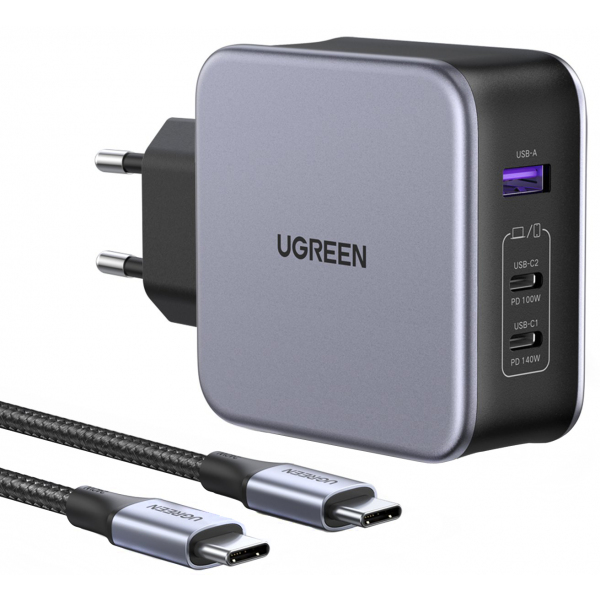 Incarcator Retea Cu Cablu USB-C UGREEN CD289, 140W, 5A, 1 x USB-A - 2 x USB-C, Gri