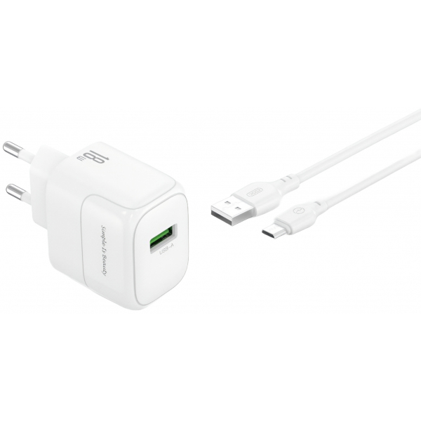 Incarcator Retea Cu Cablu microUSB XO Design L135, 18W, 3A, 1 x USB-A, Alb