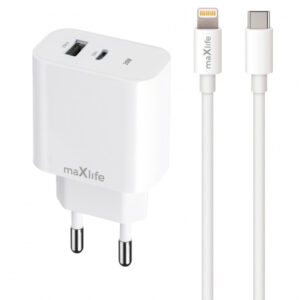 Incarcator Retea Cu Cablu Lightning MaXlife MXTC-06-20AC, 20W, 3A, 1 x USB-A - 1 x USB-C, Alb