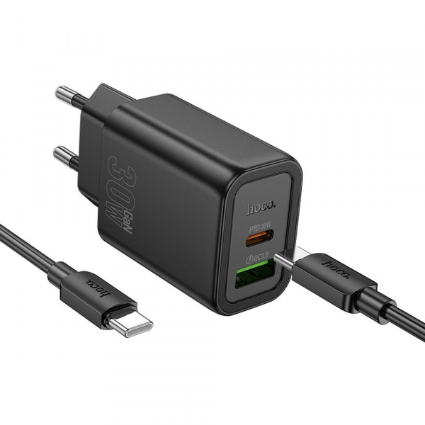 Incarcator Retea Cu Cablu USB-C HOCO N63, 30W, 3A, 1 x USB-A - 1 x USB-C, Negru