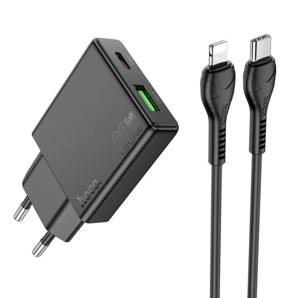Incarcator Retea Cu Cablu Lightning HOCO N38, 20W, 3A, 1 x USB-A - 1 x USB-C, Negru