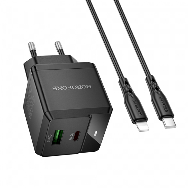 Incarcator Retea Cu Cablu Lightning Borofone BN19 Intenso, 20W, 3A, 1 x USB-A - 1 x USB-C, Negru