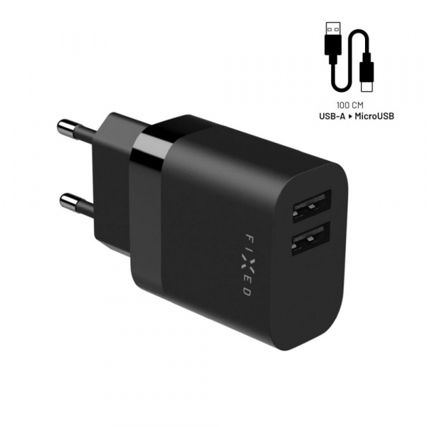 Incarcator Retea Cu Cablu microUSB Fixed, 17W, 3A, 2 x USB-A, Negru