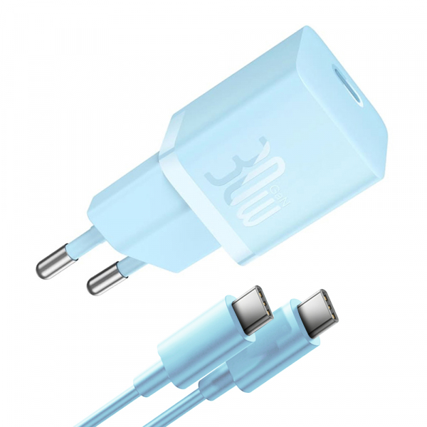 Incarcator Retea Cu Cablu USB-C Baseus GaN Mini 1C, 30W, 3A, 1 x USB-C, Albastru P10110902313-00