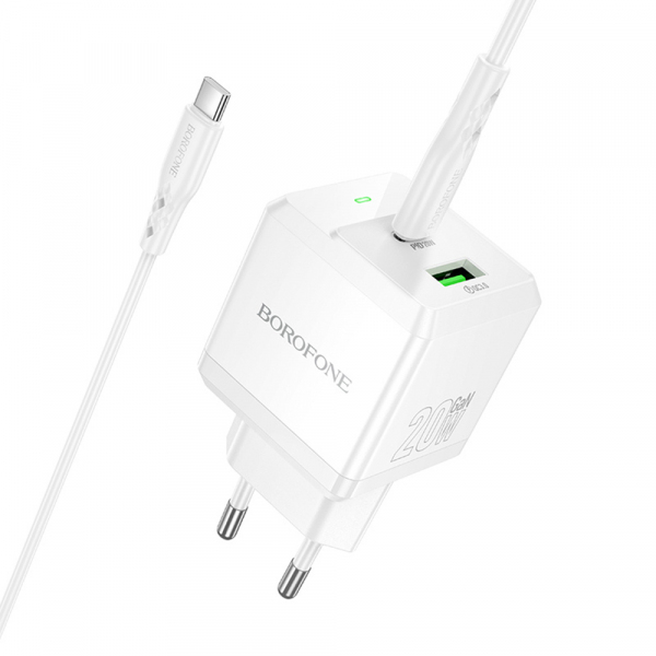 Incarcator Retea Cu Cablu USB-C Borofone BN19 Intenso, 20W, 3A, 1 x USB-A - 1 x USB-C, Alb