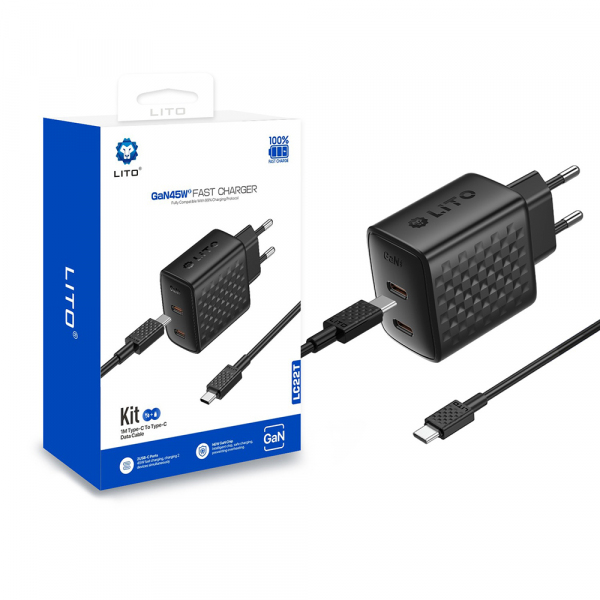 Incarcator Retea Cu Cablu USB-C Lito LC22T, 45W, 3A, 2 x USB-C, Negru