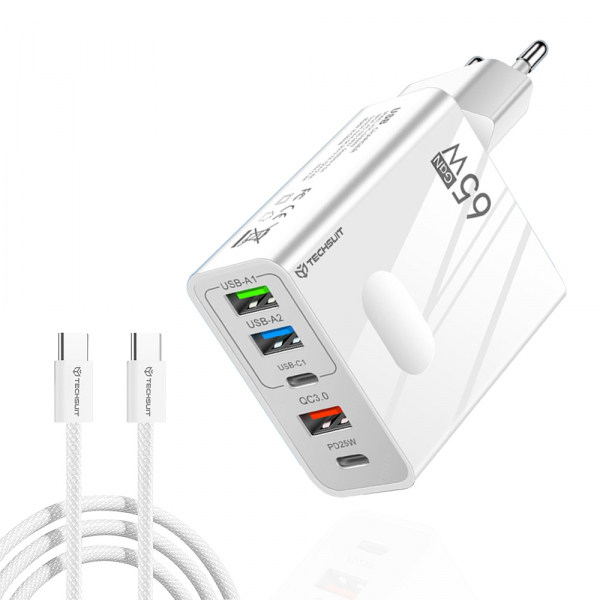 Incarcator Retea Cu Cablu USB-C Techsuit CHC1 PentaXPower, 25W, 3A, 3 x USB-A - 2 x USB-C, Alb