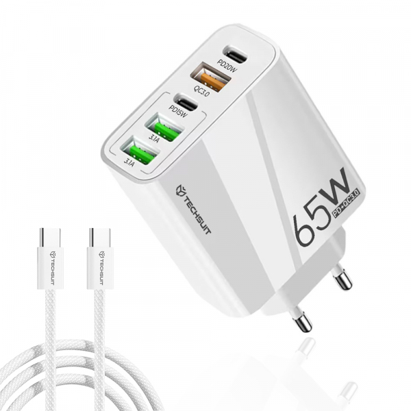 Incarcator Retea Cu Cablu USB-C Techsuit CHC2 PentaXPower, 20W, 3A, 3 x USB-A - 2 x USB-C, Alb