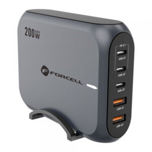 Incarcator Statie Forcell F-ENERGY GaN III VT-51, 200W, 5A, 2 x USB-A - 3 x USB-C, Gri