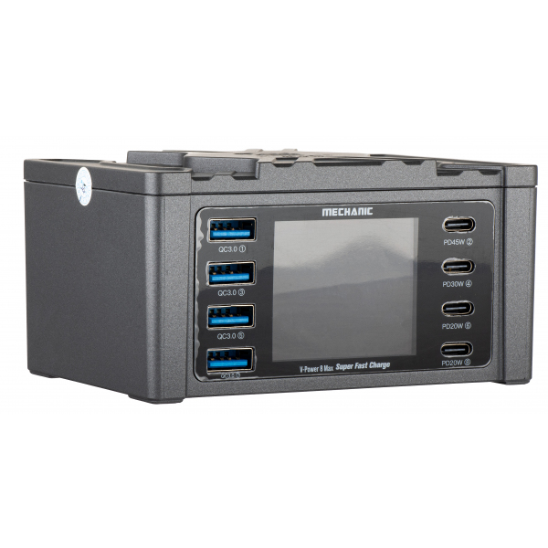Incarcator Statie Mechanic V-Power Max with Display, 115W, 3A, 4 x USB-A - 4 x USB-C, Negru