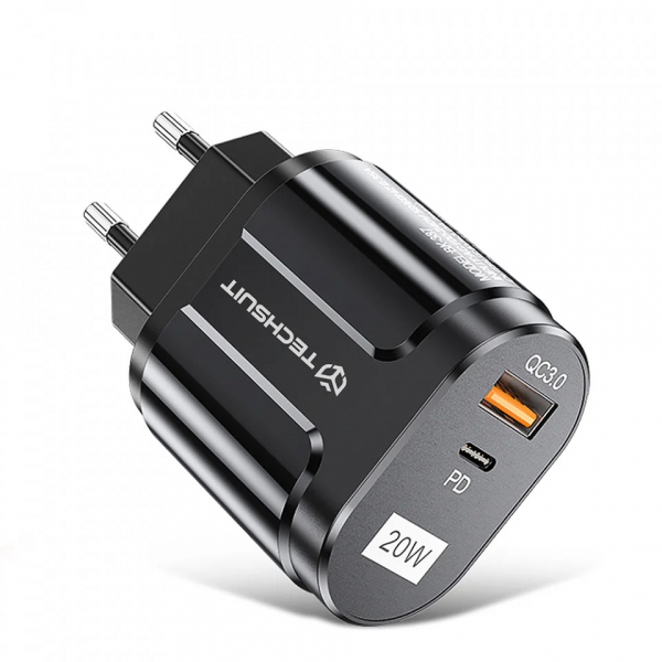 Incarcator Retea Techsuit Premium, 20W, 3A, 1 x USB-A - 1 x USB-C, Negru CHPD038