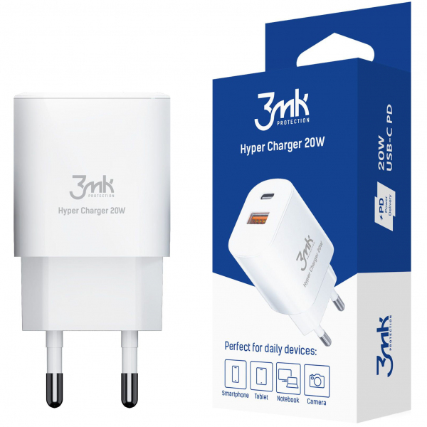Incarcator Retea 3MK HyperCharger, 20W, 3A, 1 x USB-A - 1 x USB-C, Alb