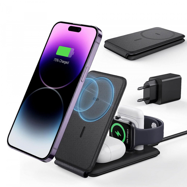 Incarcator Retea Wireless ESR Travel 3in1, 15W, 1.67A, Negru