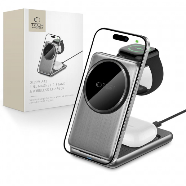 Incarcator Retea Wireless Tech-Protect A42 3in1, 15W, 1.67A, Gri