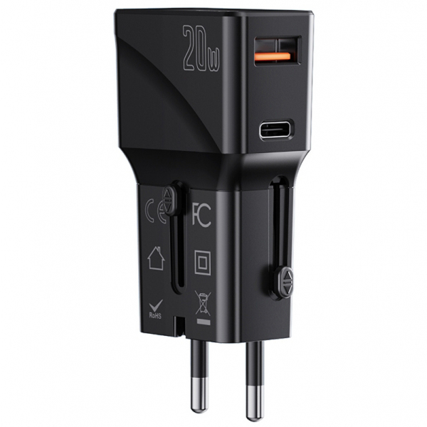 Incarcator Retea Yesido MC17 Travel, 20W, 3A, 1 x USB-A - 1 x USB-C, Negru