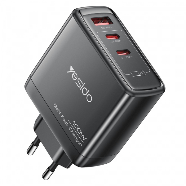 Incarcator Retea Yesido YC142, 100W, 5A, 1 x USB-A - 2 x USB-C, Negru
