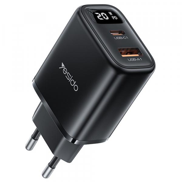 Incarcator Retea Yesido YC68, 20W Display, 3A, 1 x USB-A - 1 x USB-C, Negru