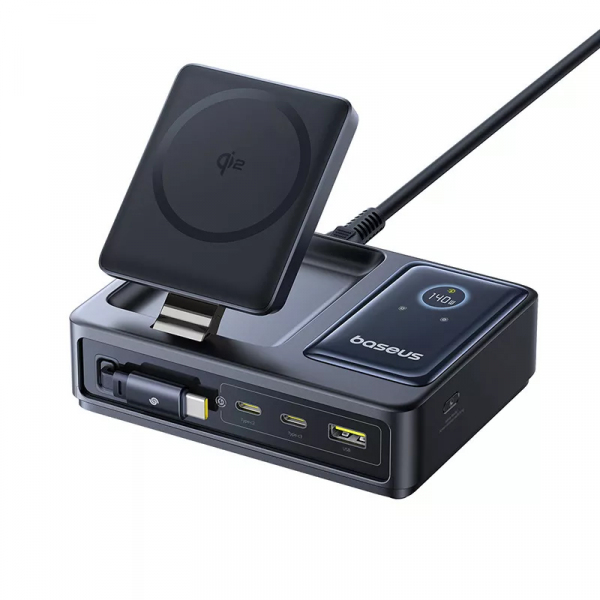 Incarcator Statie Baseus Nomos QI 5in1, 140W, 5A, 1 x USB-A - 2 x USB-C, Negru P10170902123-00