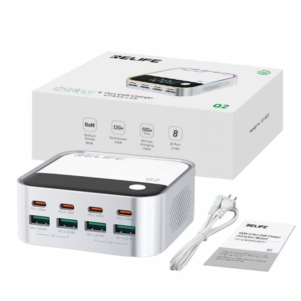 Incarcator Statie Relife Q2, 120W, 5A, 4 x USB-A - 4 x USB-C, Argintiu