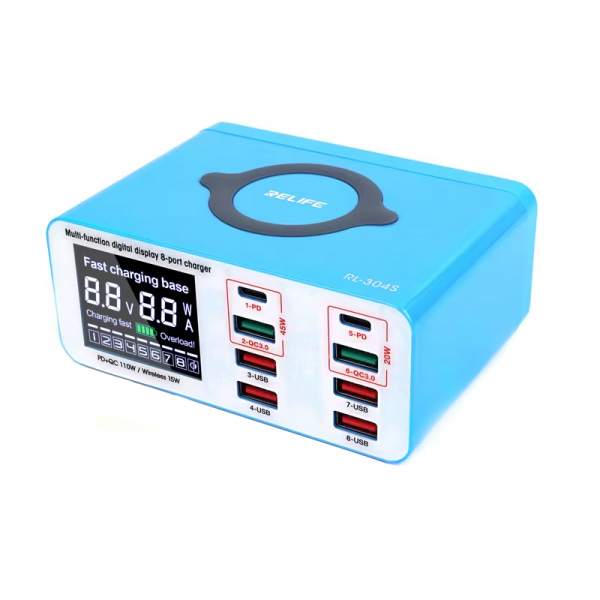Incarcator Statie Relife RL-304S QI, 110W, 3A, 2 x USB-C - 6 x USB-A, Albastru