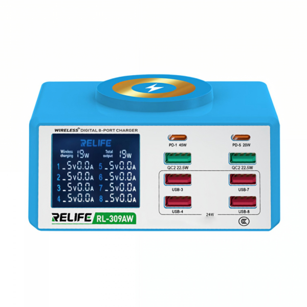 Incarcator Statie Relife RL-309AW QI, 100W, 5A, 2 x USB-C - 6 x USB-A, Albastru