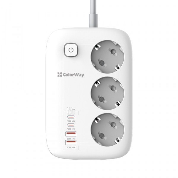 Prelungitor ColorWay, 3 x Schuko - 2 x USB-A - 2 x USB-C, Alb