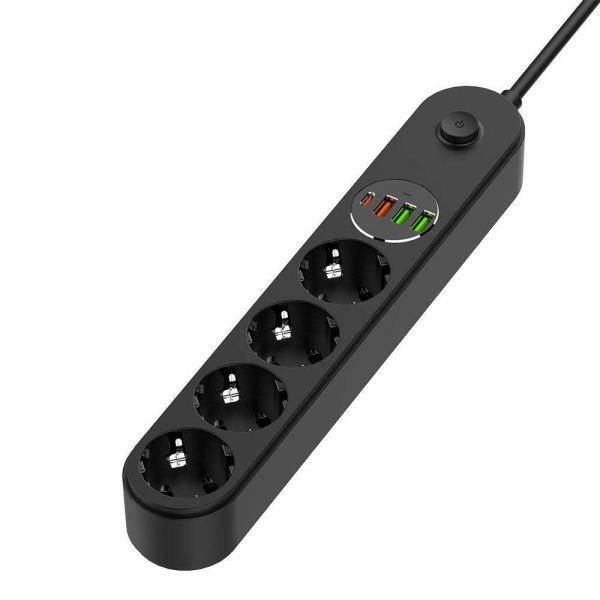 Prelungitor ColorWay, 4 x Schuko - 3 x USB-A - 1 x USB-C, Negru