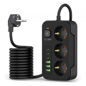 Prelungitor Tech-Protect PC3X6, 3 x Schuko - 3 x USB-A - 3 x USB-C, Negru