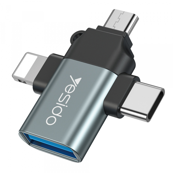 Adaptor OTG Lightning / microUSB / USB-C - USB-A Yesido GS15, Negru