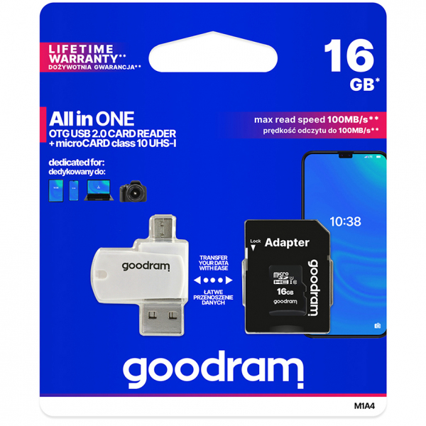 Card Memorie microSDHC GoodRam, 16Gb, Clasa 10 / UHS-1 U1, Cu Cititor Card si Adaptor M1A4-0160R12
