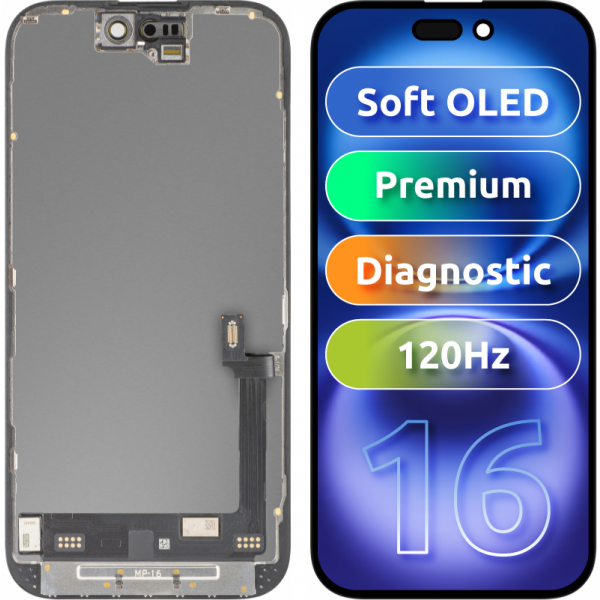 Display cu Touchscreen MP compatibil cu Apple iPhone 16, cu Rama, Versiune Premium Soft OLED FHD Diagnostic, Negru