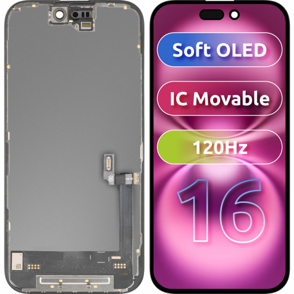 Display cu Touchscreen MP compatibil cu Apple iPhone 16, cu Rama, Versiune Soft OLED FHD IC Movable, Negru