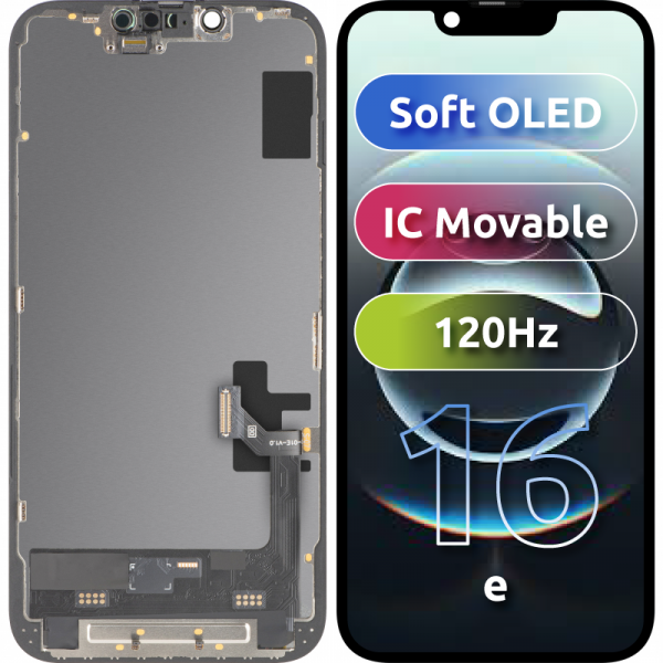 Display cu Touchscreen MP compatibil cu Apple iPhone 17e / 16e, cu Rama, Versiune Soft OLED FHD IC Movable, Negru