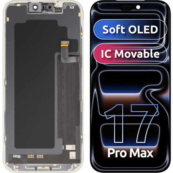 Display cu Touchscreen MP compatibil cu Apple iPhone 17 Pro Max, cu Rama, Versiune Soft OLED FHD 120Hz IC Movable, Negru