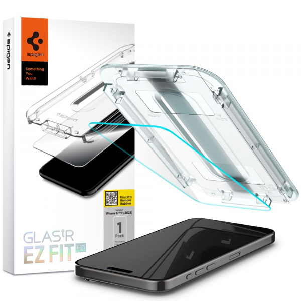 Folie de protectie Ecran Spigen GlastR EZ FIT HD pentru Apple iPhone 15 Pro, Sticla Securizata, Full Glue, 2.5D AGL06898