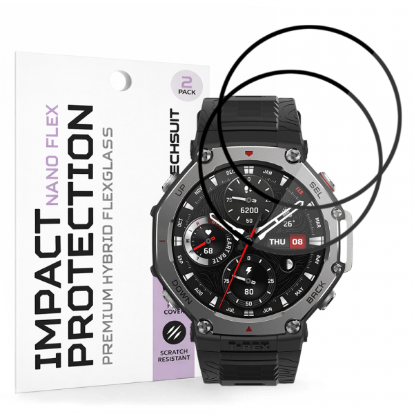 Folie Protectie Techsuit Nano Flex pentru Amazfit T-Rex 3, Set 2 bucati, Plastic, Neagra