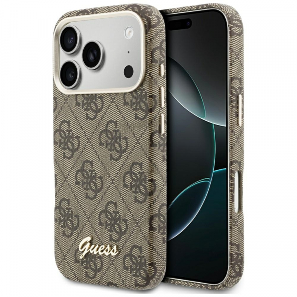 Husa MagSafe pentru Apple iPhone 18 Pro / 17 Pro, Guess, 4G Script Logo, Maro