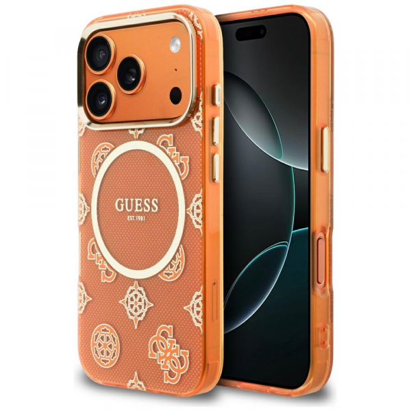 Husa MagSafe pentru Apple iPhone 18 Pro / 17 Pro, Guess, IML Peony Dot, Portocalie