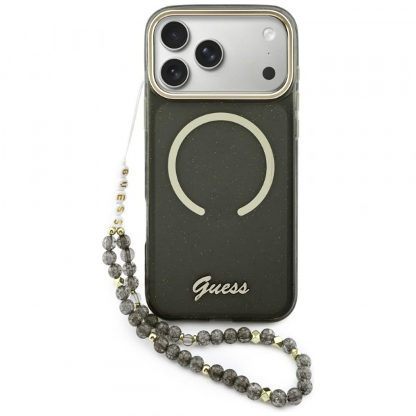 Husa MagSafe pentru Apple iPhone 18 Pro Max / 17 Pro Max, Guess, IML Glitter Script Strap, Neagra