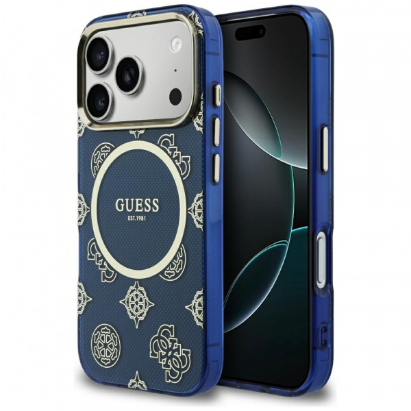 Husa MagSafe pentru Apple iPhone 18 Pro Max / 17 Pro Max, Guess, IML Peony Dot, Albastra