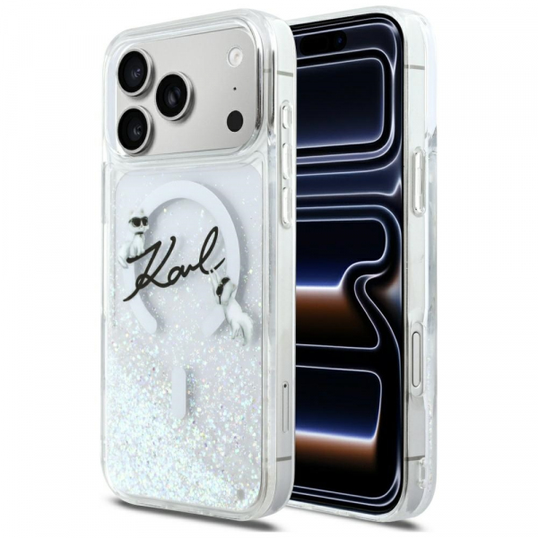 Husa MagSafe pentru Apple iPhone 18 Pro Max / 17 Pro Max, Karl Lagerfeld, Glitter Karl Script Logo, Transparenta