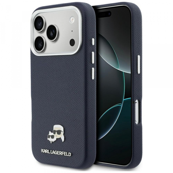 Husa MagSafe pentru Apple iPhone 18 Pro Max / 17 Pro Max, Karl Lagerfeld, Saffiano Karl & Choupette Pins, Albastra